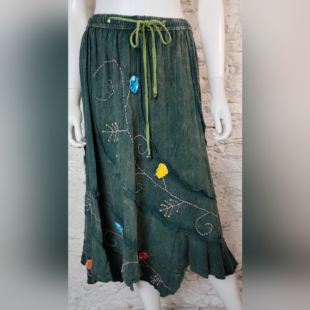Rising International Green Embroidered Midi Skirt Medium